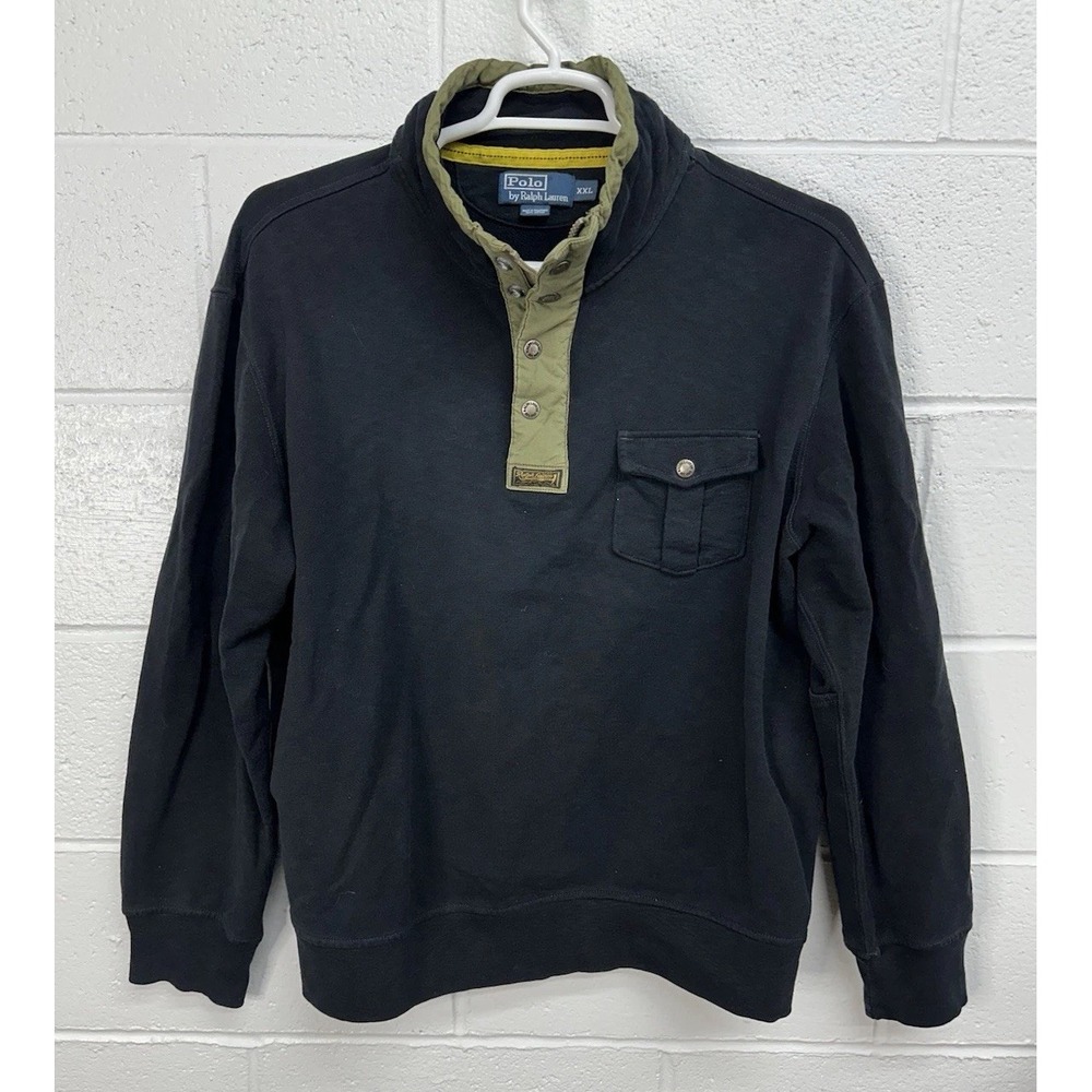 VTG POLO‎ Ralph Lauren Mens 1/4 Snap Black Green Snap Neck Sweatshirt / XXL